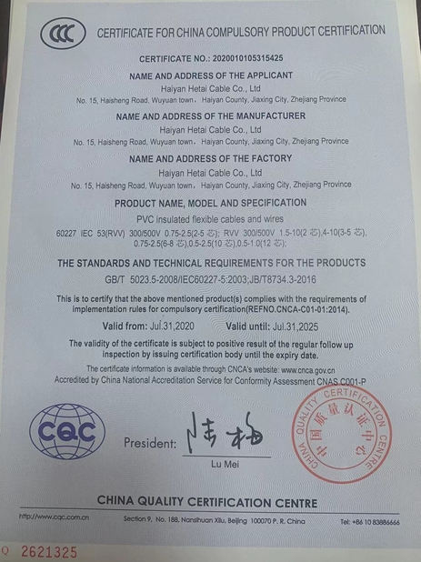 China Haiyan Hetai Cable Co., Ltd. Certificaciones